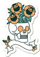 pegatina estilo tatuaje con pancarta de calavera y rosas vector