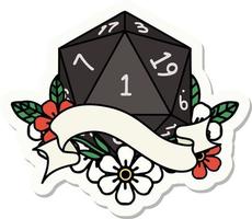 sticker of a natural one d20 dice roll vector