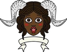 Retro Tattoo Style tiefling character face with scroll banner vector