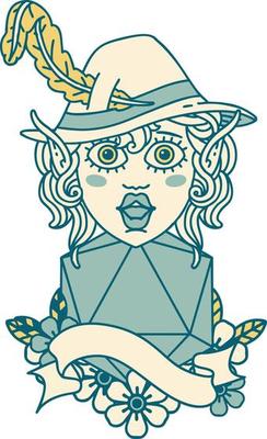 Retro Tattoo Style elf bard character with natural twenty