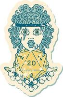 grunge sticker of a human barbarian with natural twenty dice roll vector