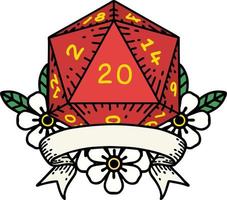 Retro Tattoo Style natural 20 critical hit D20 dice roll vector