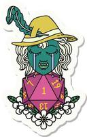 sticker of a sad half orc bard character with natural one d20 roll vector