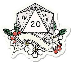 grunge sticker of a natural twenty D20 dice roll vector