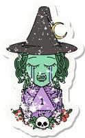 pegatina grunge de un triste personaje de bruja medio orco con un rollo natural d20 vector