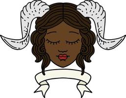Retro Tattoo Style tiefling character face with scroll banner vector