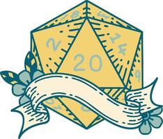 Retro Tattoo Style natural twenty D20 dice roll vector