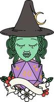 Retro Tattoo Style half orc witch character with natural twenty dice roll vector