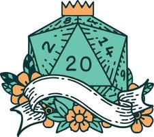 Retro Tattoo Style natural twenty D20 dice roll vector