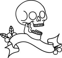 traditional black linework tattoo with banner of a skull vector