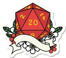 sticker of a natural twenty D20 dice roll vector