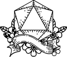 Black and White Tattoo linework Style natural twenty D20 dice roll vector