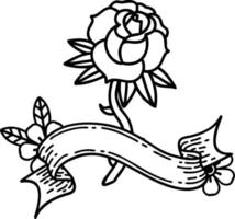 traditional black linework tattoo with banner of a rose vector