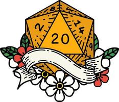 Retro Tattoo Style natural twenty D20 dice roll vector
