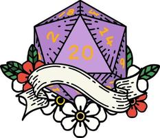 Retro Tattoo Style natural twenty D20 dice roll vector