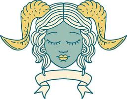 Retro Tattoo Style tiefling character face with scroll banner vector