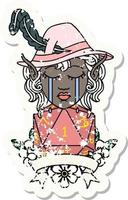 Retro Tattoo Style crying elf bard character with natural one D20 roll vector