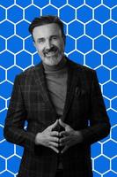 Black and white portrait of a stylish elegant senior businessman with a beard and casual business clothes against retro colorful pattern design background gesturing with hands photo