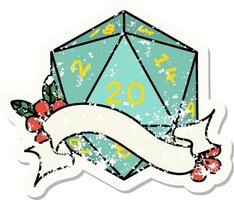 grunge sticker of a natural twenty D20 dice roll vector