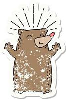 worn old sticker of a tattoo style happy bear vector