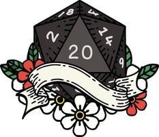 Retro Tattoo Style natural twenty D20 dice roll vector