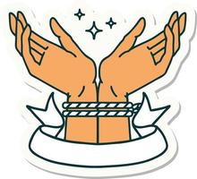 tattoo style sticker with banner of a pair of tied hands vector