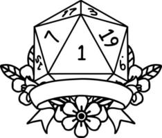 Black and White Tattoo linework Style natural one d20 dice roll vector