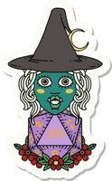 sticker of a half orc witch with natural twenty dice roll vector