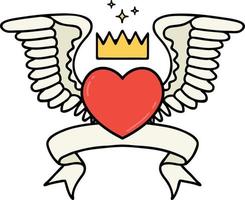 traditional tattoo with banner of a heart with wings vector