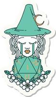 sticker of a crying elf witch with natural one D20 roll vector