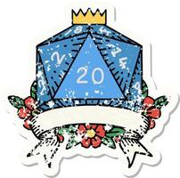 grunge sticker of a natural 20 critical hit D20 dice roll vector