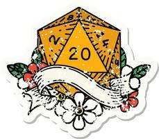 grunge sticker of a natural twenty D20 dice roll vector