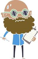 flat color style cartoon worried man with beard and sunglasses taking survey vector