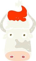 flat color illustration of cow wearing christmas hat vector