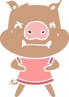 angry flat color style cartoon pig vector