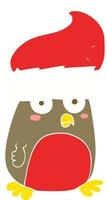 flat color illustration of christmas robin wearing santa hat vector