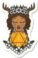 crying human druid with natural one D20 roll sticker vector