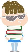 flat color style cartoon boy wearing sunglasses with stack of books vector