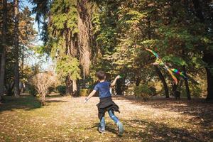 Rear view of boy flying a kite in nature. photo
