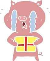 crying pig flat color style cartoon delivering christmas present vector