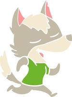 flat color style cartoon running wolf laughing vector