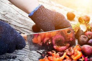 Homeowner is slicing rotten fruits and vegetables on wooden table in the backyard to mix together for composting. Soft and selective focus on fruits, concept for waste management at home. photo