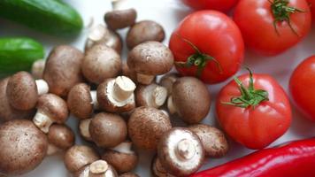 Vegetables close up, tomato and mushrooms video
