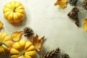 Autumn corner border of orange and white pumpkins. Fall corner border with frosty orange pumpkins on a rustic white wood banner background. Overhead view with copy space. photo