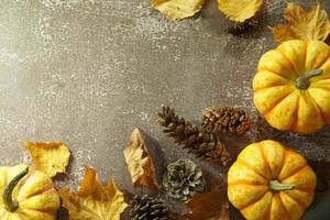 Autumn corner border of orange and white pumpkins. Fall corner border with frosty orange pumpkins on a rustic white wood banner background. Overhead view with copy space. photo