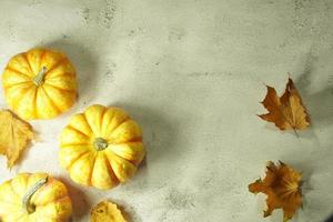 Autumn corner border of orange and white pumpkins. Fall corner border with frosty orange pumpkins on a rustic white wood banner background. Overhead view with copy space. photo