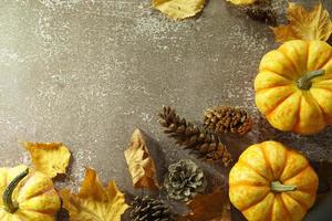 Autumn corner border of orange and white pumpkins. Fall corner border with frosty orange pumpkins on a rustic white wood banner background. Overhead view with copy space. photo