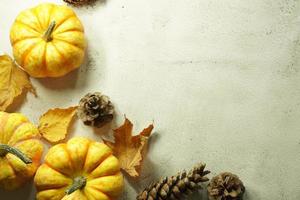 Autumn corner border of orange and white pumpkins. Fall corner border with frosty orange pumpkins on a rustic white wood banner background. Overhead view with copy space. photo
