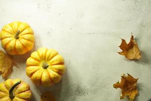 Autumn corner border of orange and white pumpkins. Fall corner border with frosty orange pumpkins on a rustic white wood banner background. Overhead view with copy space. photo