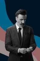 Black and white portrait of a stylish elegant senior businessman with a beard and casual business clothes against retro colorful pattern design background gesturing with hands photo